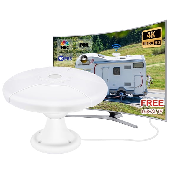 Ultra Long Range RV TV Antenna - Outdoor HDTV Antenna with Signal Booster & 16ft Cable - for RV, Camper, Trailer, Truck, Caravan, Boat (White)