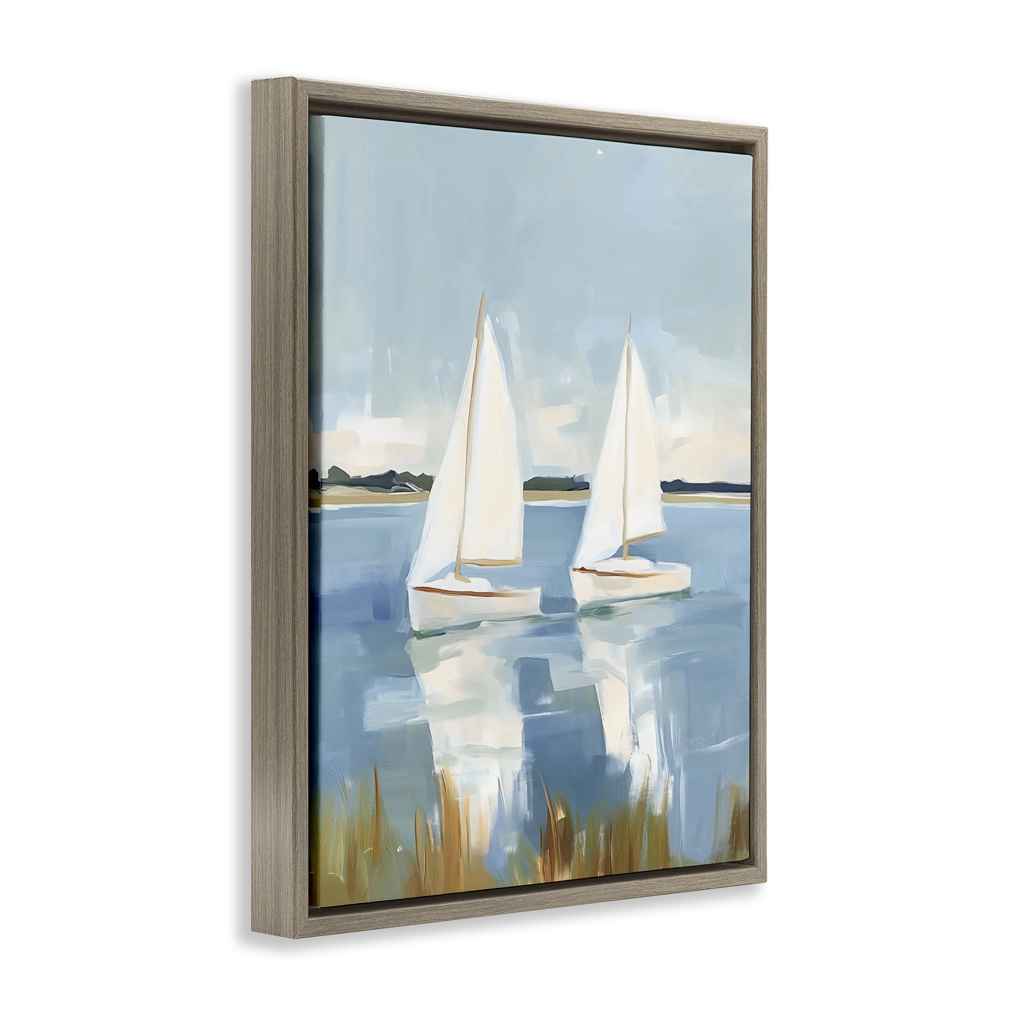 Stupell Industries Twin Sailboats By Shore Brown Framed Floater Canvas Wall Art, design by The Prints Vibe