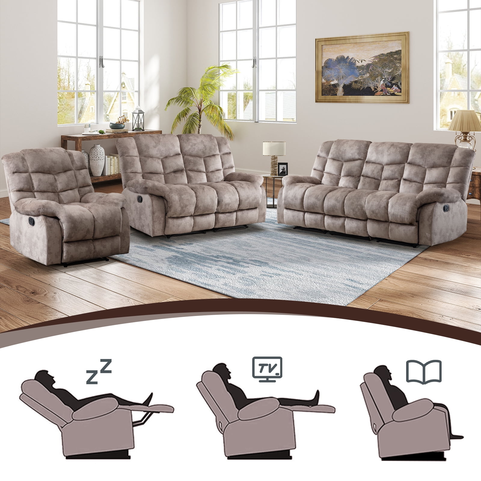 Bonzy Home Manual Reclining Living Room Furniture Set, Adjustable Backrest Chair, Loveseat & 3-Seat Sofa Couch for Home Interior Use
