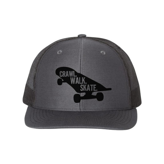 Skateboard Hat, Crawl Walk Skate, Skating Hat, GIft For Skateboarder, Skateboard Apparel, Snapback, 10 Different Colors!, Charcoal/Black