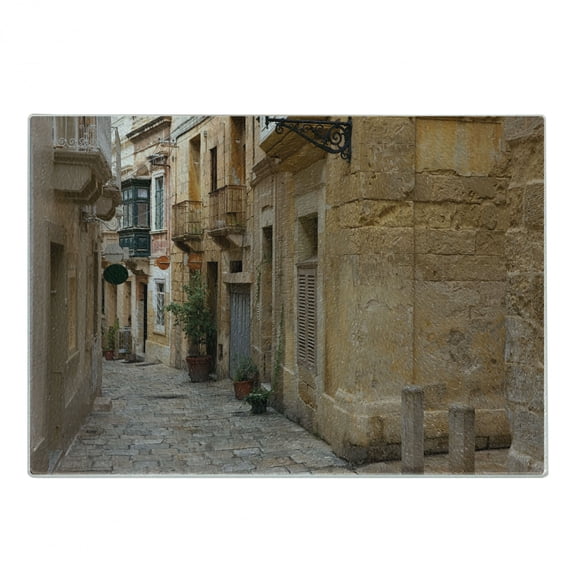Travel Cutting Board, Old Narrow Street European Town in Vittoriosa Malta Historical Architecture Country, Decorative Tempered Glass Cutting and Serving Board, Small Size, Sand Brown, by Ambesonne
