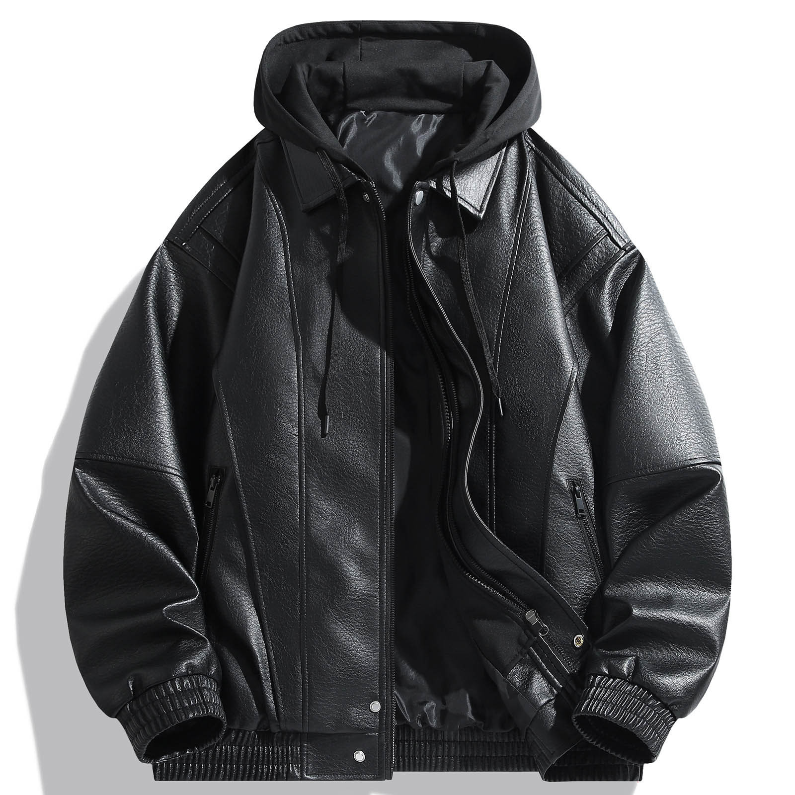 Wuxian Mens Casual Leather Jacket Slim Fit Full Zip Up Stand Collar Long Sleeve Lightweight Motorcycle Style Outerwear Coat With Pockets Stylish Cozy Daily Wear,Black,M