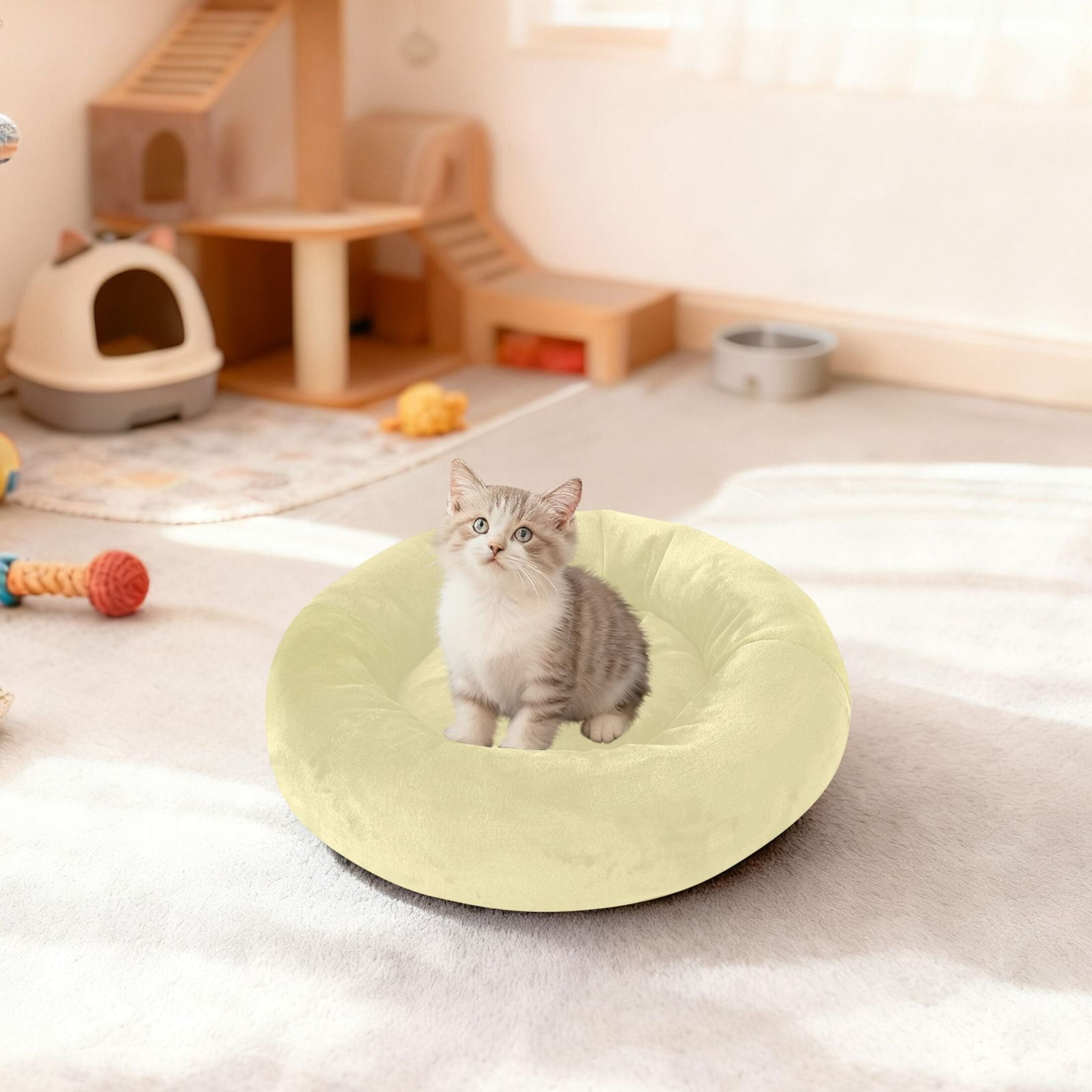 Iauyy Pet Couch Donut Cat Bed for Indoor Cats/Small Dogs Washable & Machine with Non-slip Bottom Calming Cat Furniture, Broad Pale Yellow (M)
