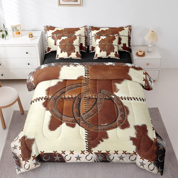 Manfei Vintage Farm Lodge Bedding Sets Twin Size,Horseshoes Texas Stars Comforter Sets with Sheets,Patchwork Cow Bed in a Bag Twin Size,Breathable Bedroom Decoration Reversible,7-Piece