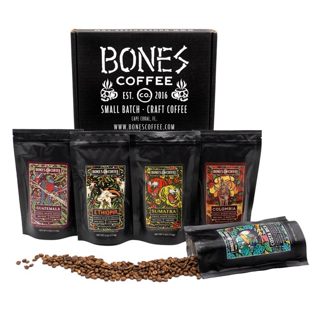 Bones Coffee Medium Roast Ground Coffee 4 oz World Tour Sample Pack