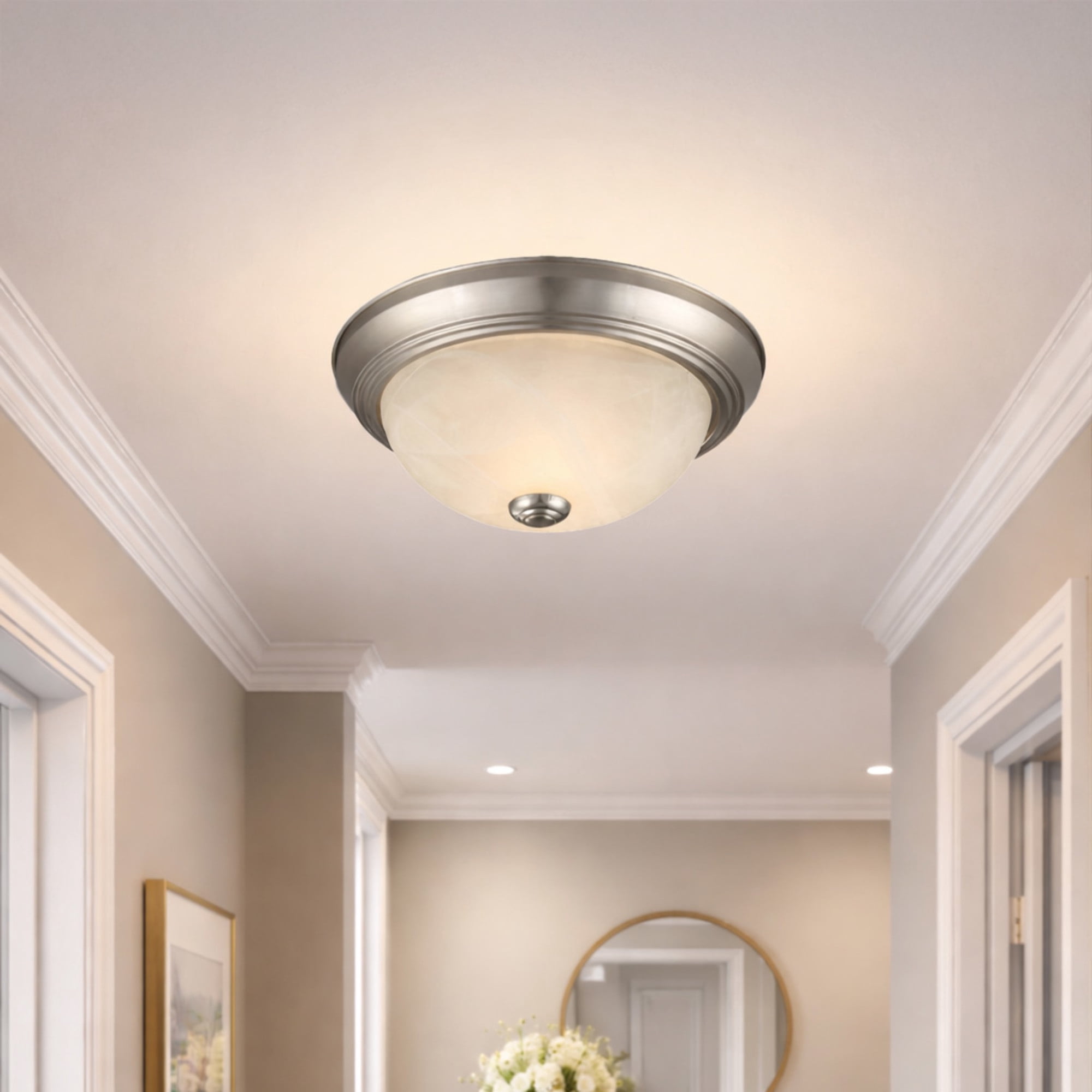 2-Pack Traditional 2-Light Flush Mount Ceiling Light, Satin Nickel, Alabaster Glass, Dimmable, for Bedroom, Hallway, Entryway – Design House, 587527