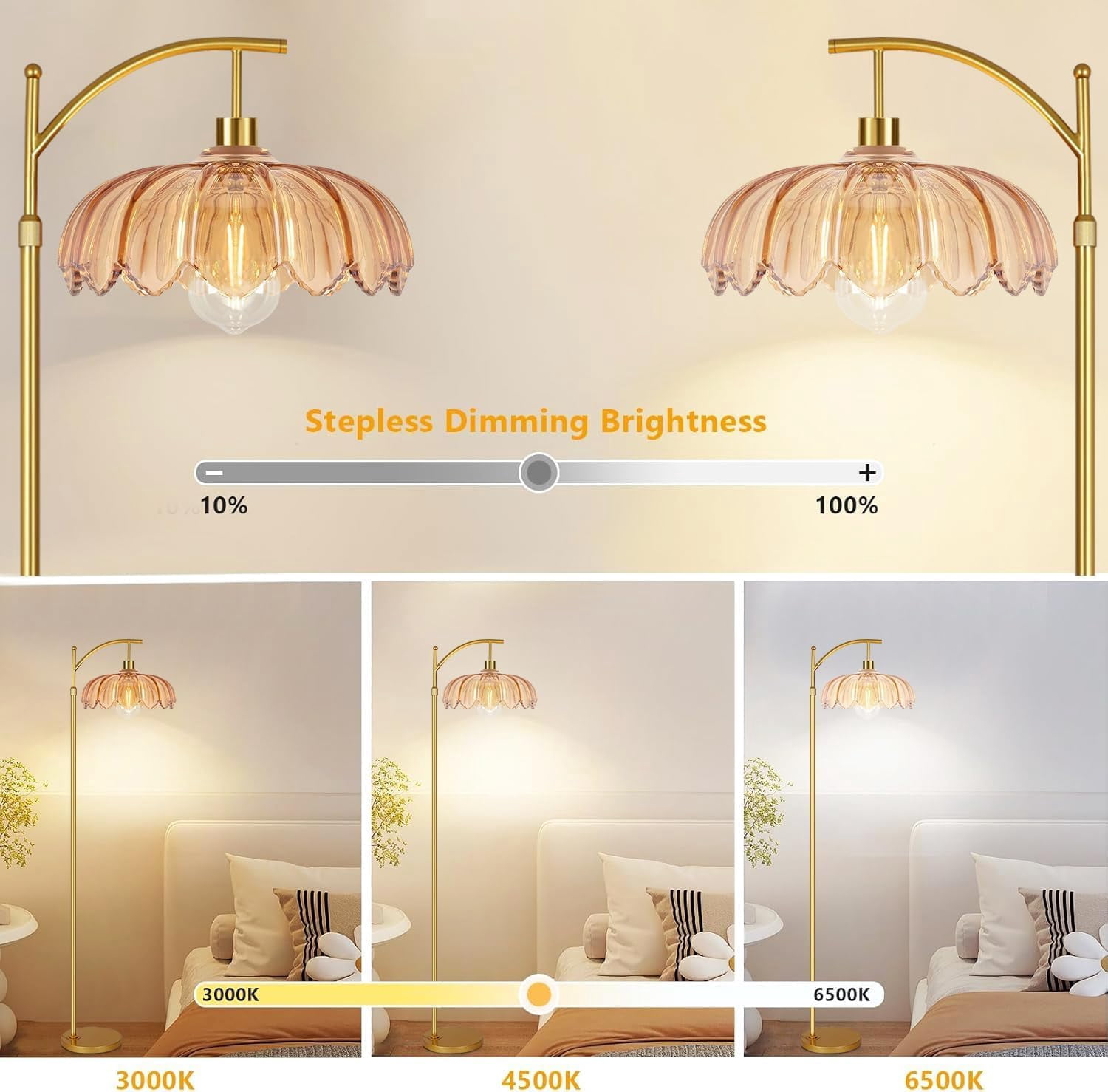 Vintage Floor Lamps For Living Room Glass Lamp With Remote Control & 3 Color Temperature Dimmable Mid Century Modern Standing Brass Tall Bedroom Corner