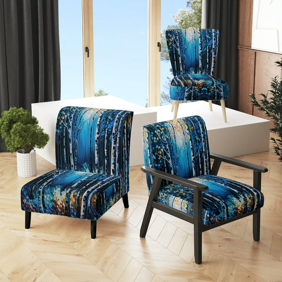 Designart "Azure Birch Grove II" Blue Birch Upholstered Accent Chair - Country Arm Chair For Bedroom