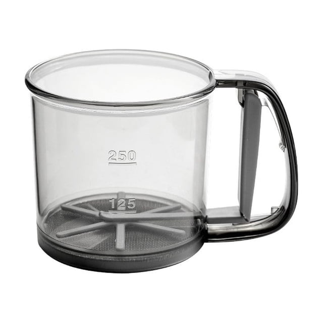 Fine Mesh Sieve Semi Automatic Handheld with Clear Measuring Lightweight Plastic Baking Tool for Cakes and Powdered Ingredients