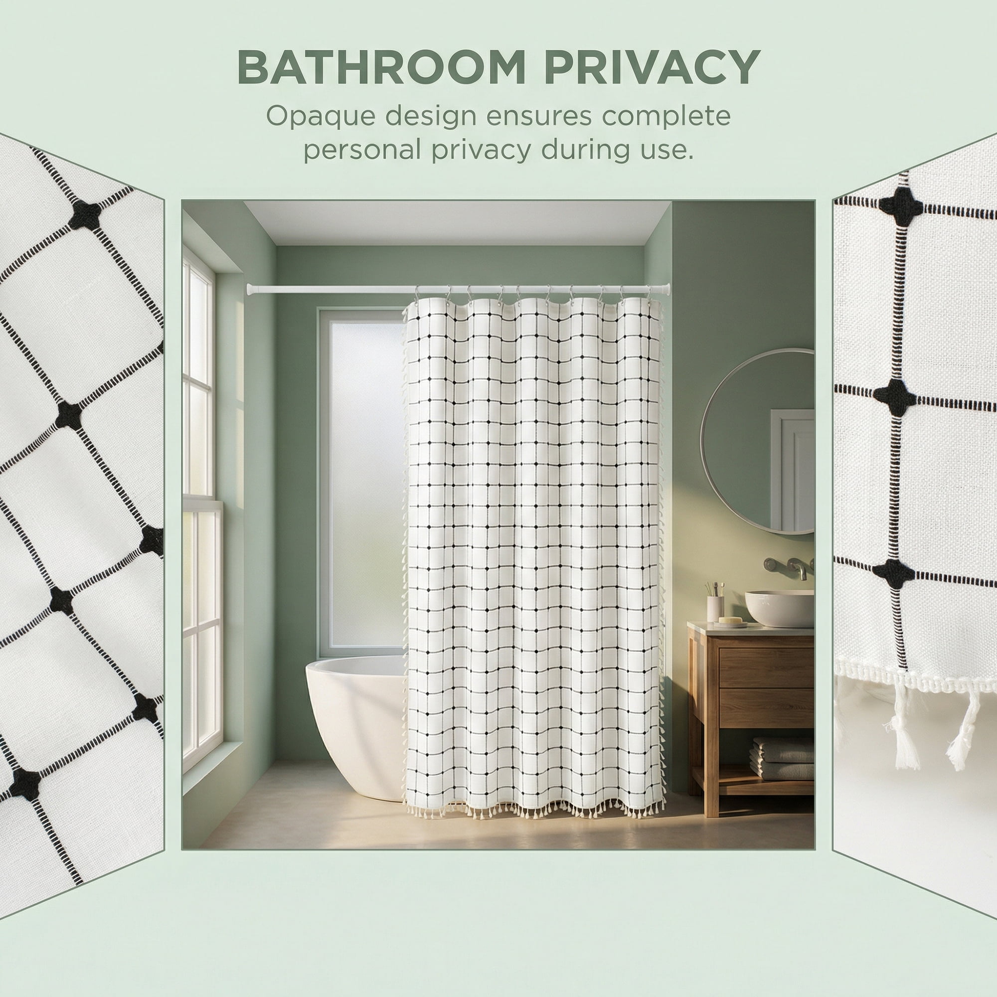 Unique Bargains Boho Plaid Blend Shower Curtain Sets with Hooks White Black 72"W x 72"L