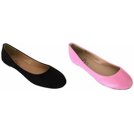 

Shoes8teen 2 Pair Womens Round Toe Ballet Flats Black Micro/Pink Pu 11