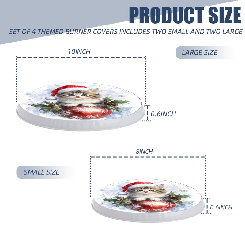Christmas Stove Burner Covers for Electric Stove, Red Christmas Ball Cute Cat Snowflakes Xmas Decorative Round Mental Electric Range Burner Covers Set of 4 for Kitchen, 8 Inches and 10 Inches