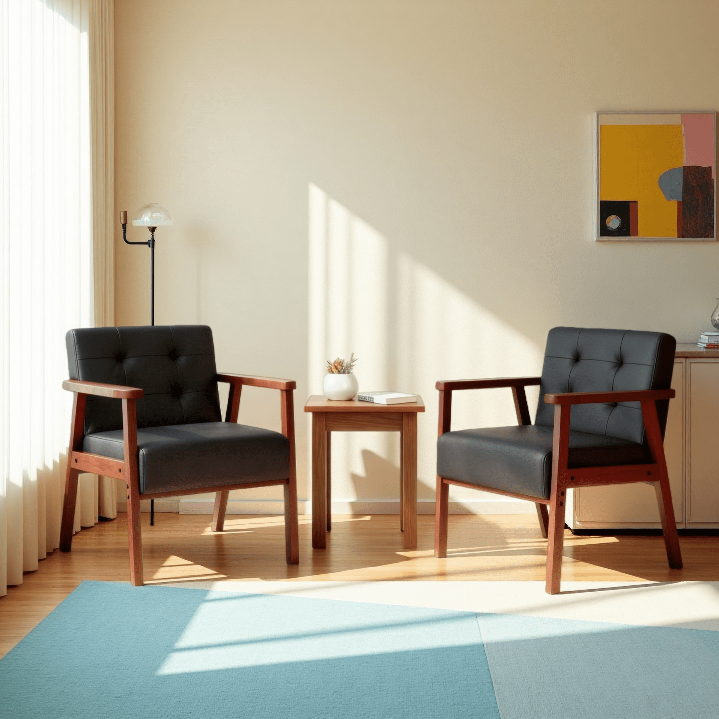 Gewnee Wood Frame Accent Armchair with Anti-Slip Foot Pads, for Living Room, Bedroom and Office, Black PU