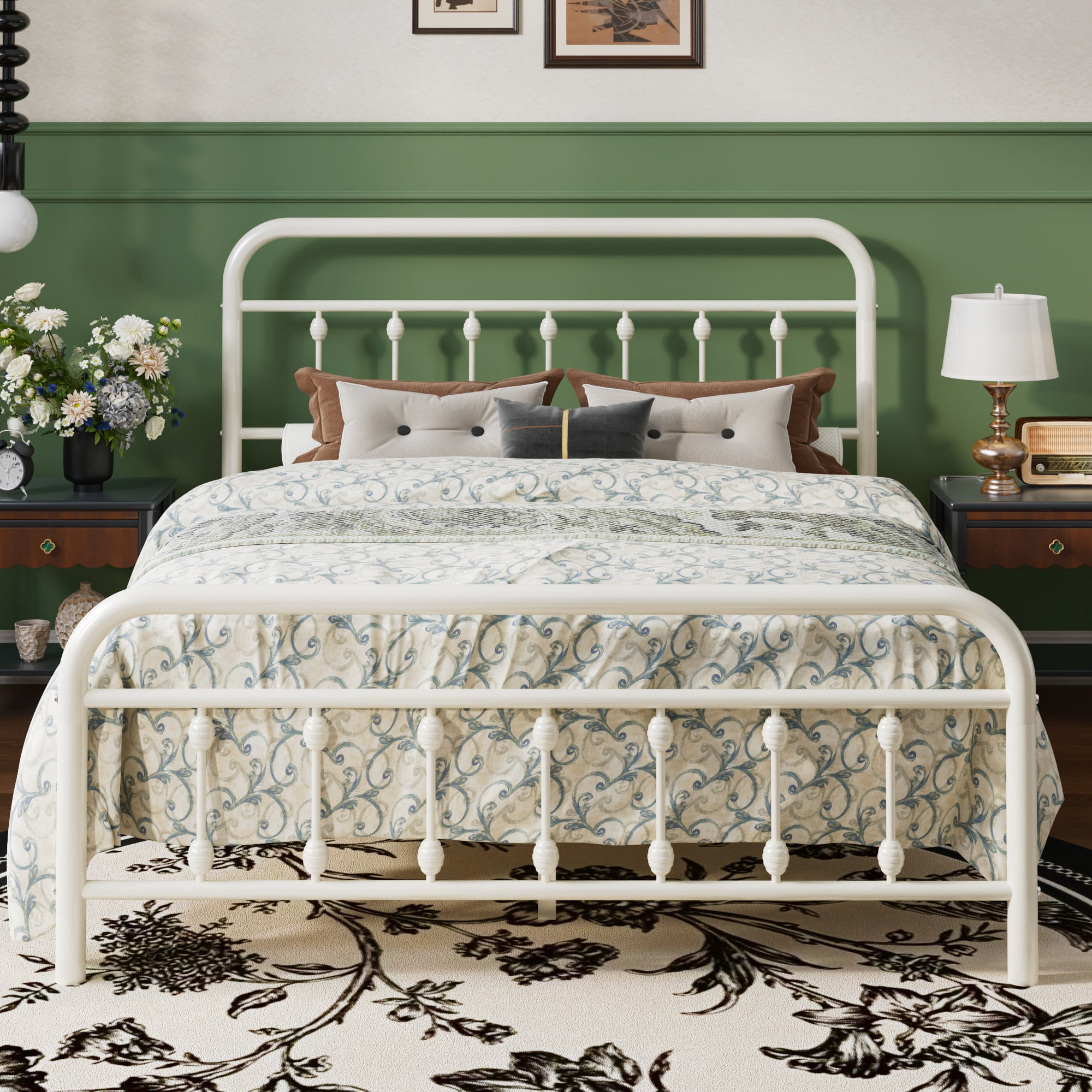 SHA CERLIN Queen Size Metal Platform Bed Frame with Victorian Style Iron-Art Headboard and Footboard, Easy Assembly, Under Bed Storage, No Box Spring Required, Off White