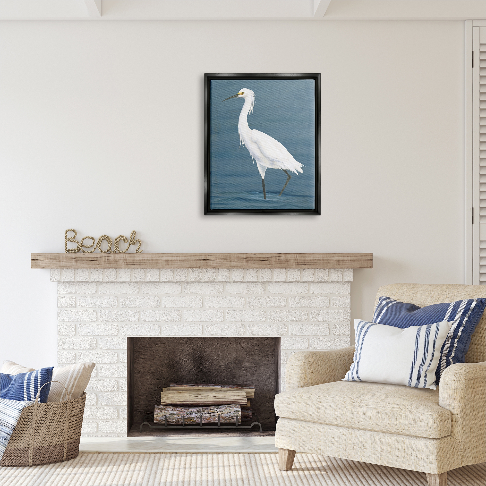 Stupell Industries Egret in Beach Shore Animals & Insects Painting Black Floater Framed Canvas Art Print Wall Art, 25 x 31