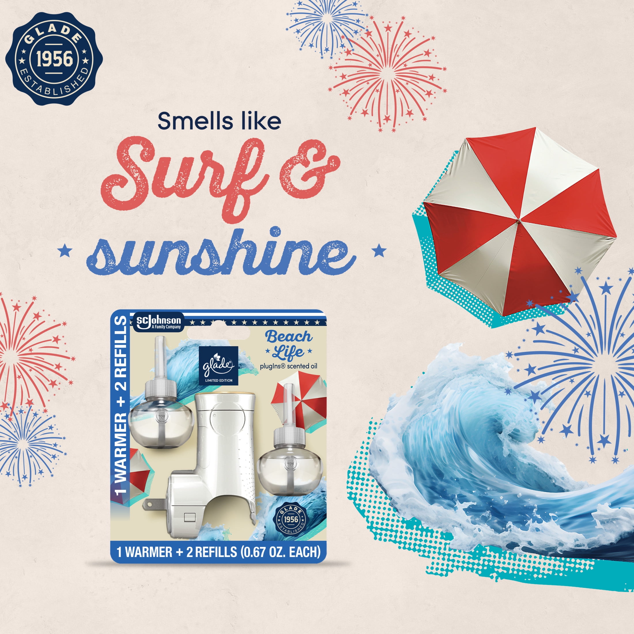 Glade PlugIns Refills Air Freshener Starter Kit, Beach Life, 1.34 Fl oz., 1 Warmer + 2 Refills