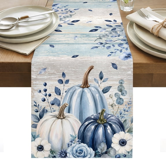 Thanksgiving Table Runner, Fall Harvest Country Blue Pumpkin Flowers Berry Leaf Washable Kitchen Table Runners Dress Scarves for Dining Table Decorations Party/Restaurant/Indoor Outdoor Use, 16x72in