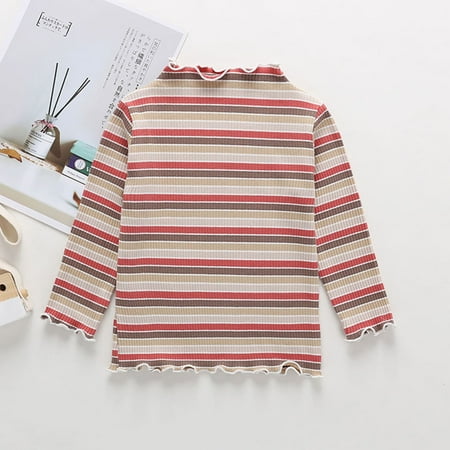 

ATOGUTA Toddler T Shirts Girls Red Long Sleeve Striped Shirts Ruffle Neck Cotton Tops Size 3T-8
