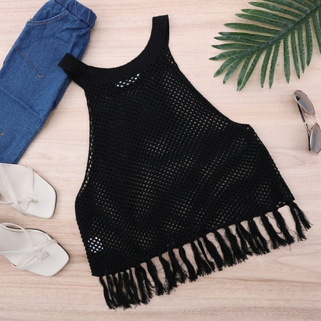 Clearance Sale Women s Crochet Swim Cover Up Halter Neck Bikini Tank Top with Tassel Sleeveless Hollow Out Knit Summer Shirt Crochet Swimwear Top XS-XL