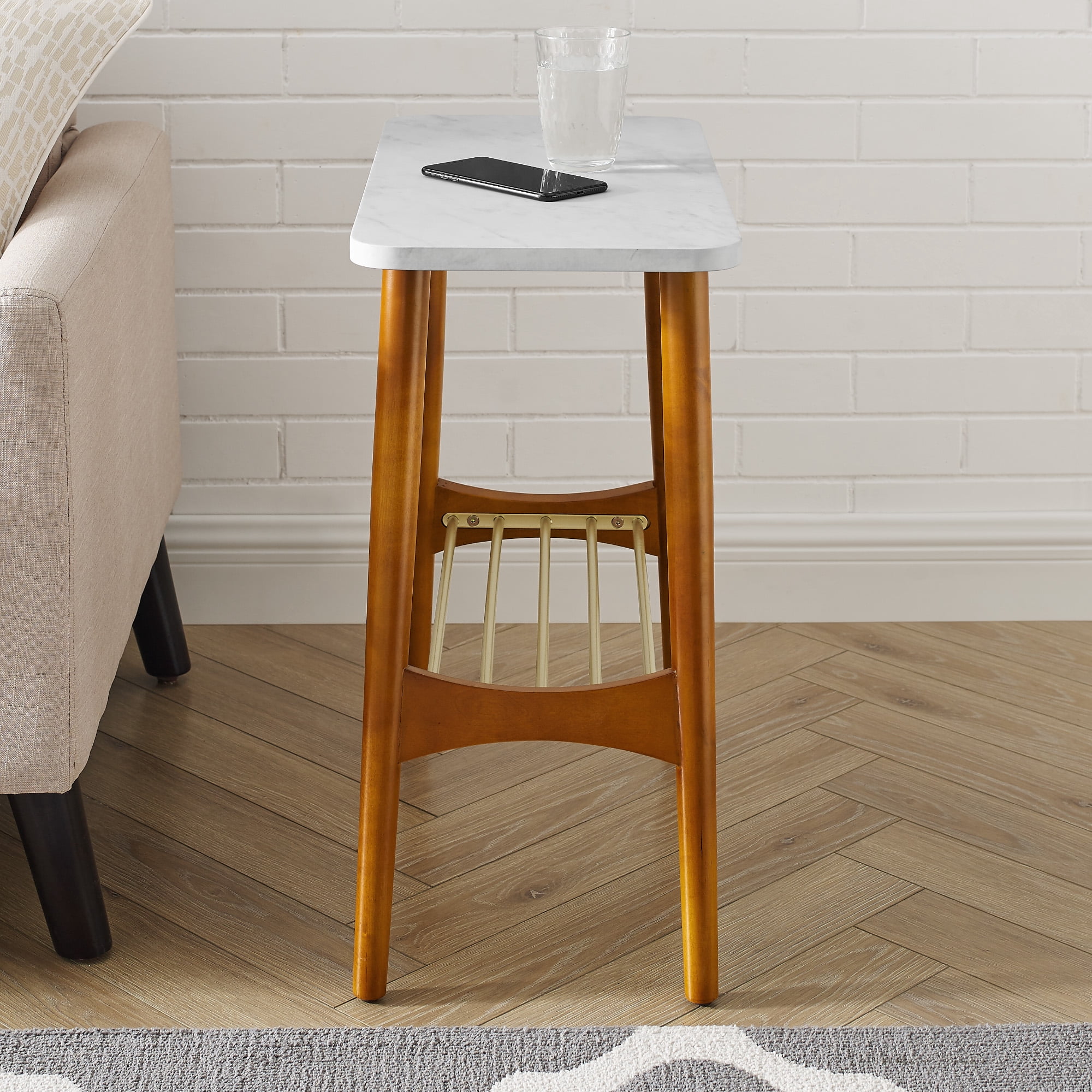 Manor Park Mid Century Modern End Table, White Faux Marble/Acorn