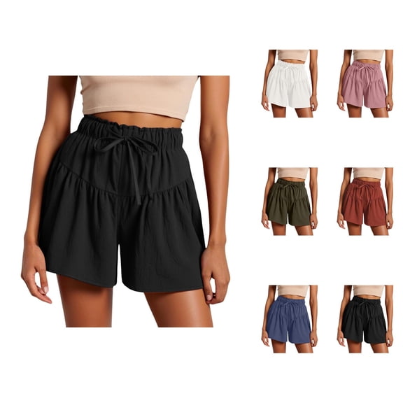 Beach Shorts for Women Summer Casual Cotton Linen Lightweight Elastic Waist Wide Leg Pleated Loose Shorts