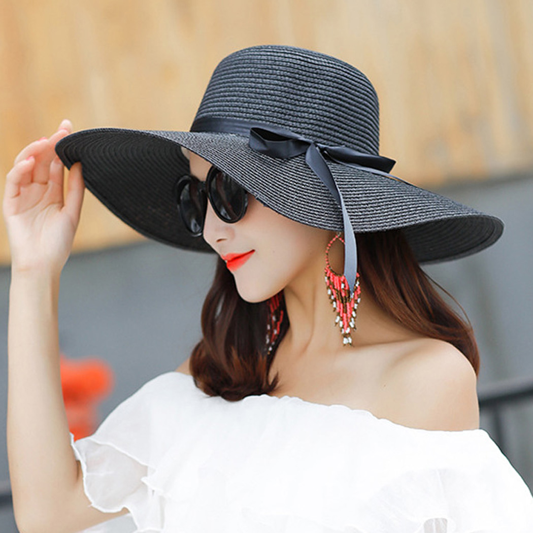 Peaoy Travel Foldable Wide Brim Bowknot UV Protection Floppy Summer Cap Sun Hat for Women Girl - image 4 of 6
