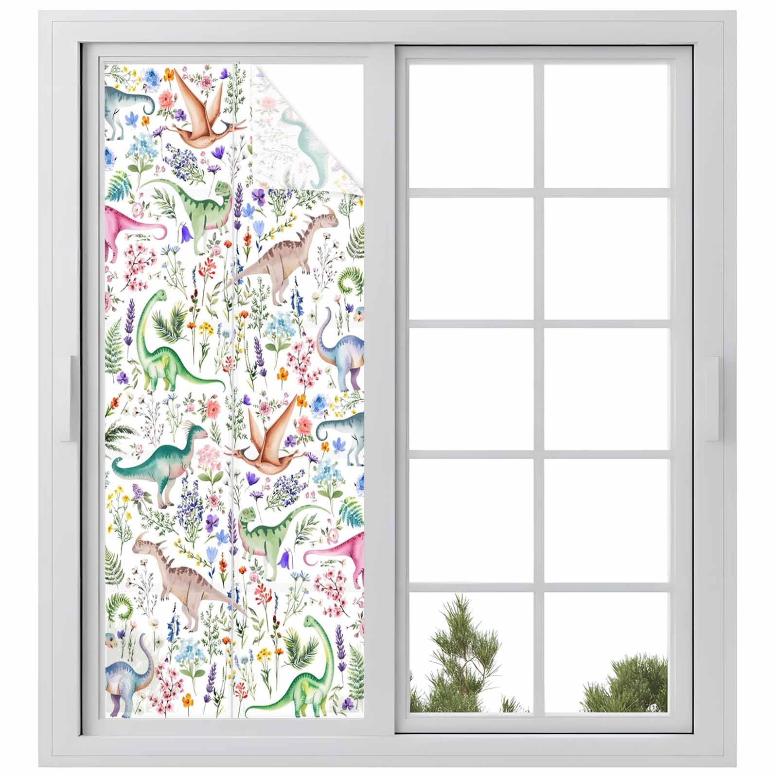 Spring Dinosaurs Window Privacy Film, Farmhouse Botanical Floral Watercolor Static Cling UV Sun Blocking Tint Film Heat Control Windows Films for Bedroom Bathroom, Window Stickers 23.6"x59"