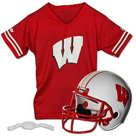 Wisconsin Badgers Kids College Football Uniform Set - NCAA Youth Football Uniform Costume - Helmet, Jersey, Chinstrap Set - Youth