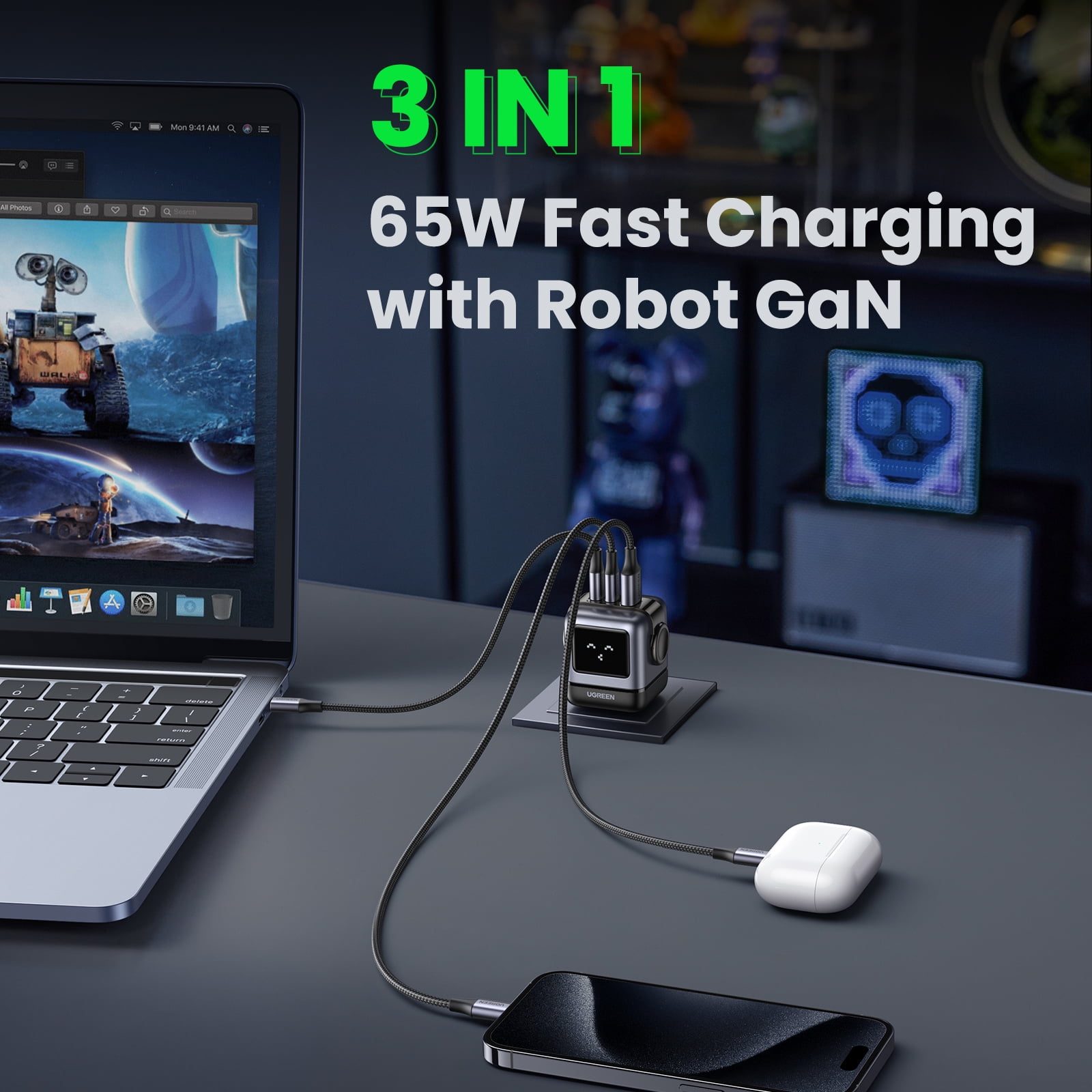 UGREEN Uno 65W USB C Charger, 3-Port Robot GaN Fast Charger, Black