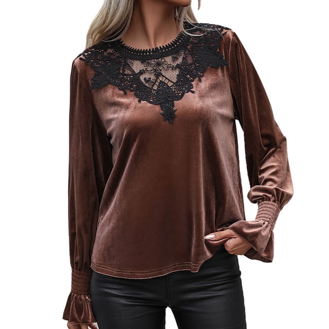 Birdeem Womens Velvet Long Sleeved Lace Patchwork Top Loose Long Sleeved Top