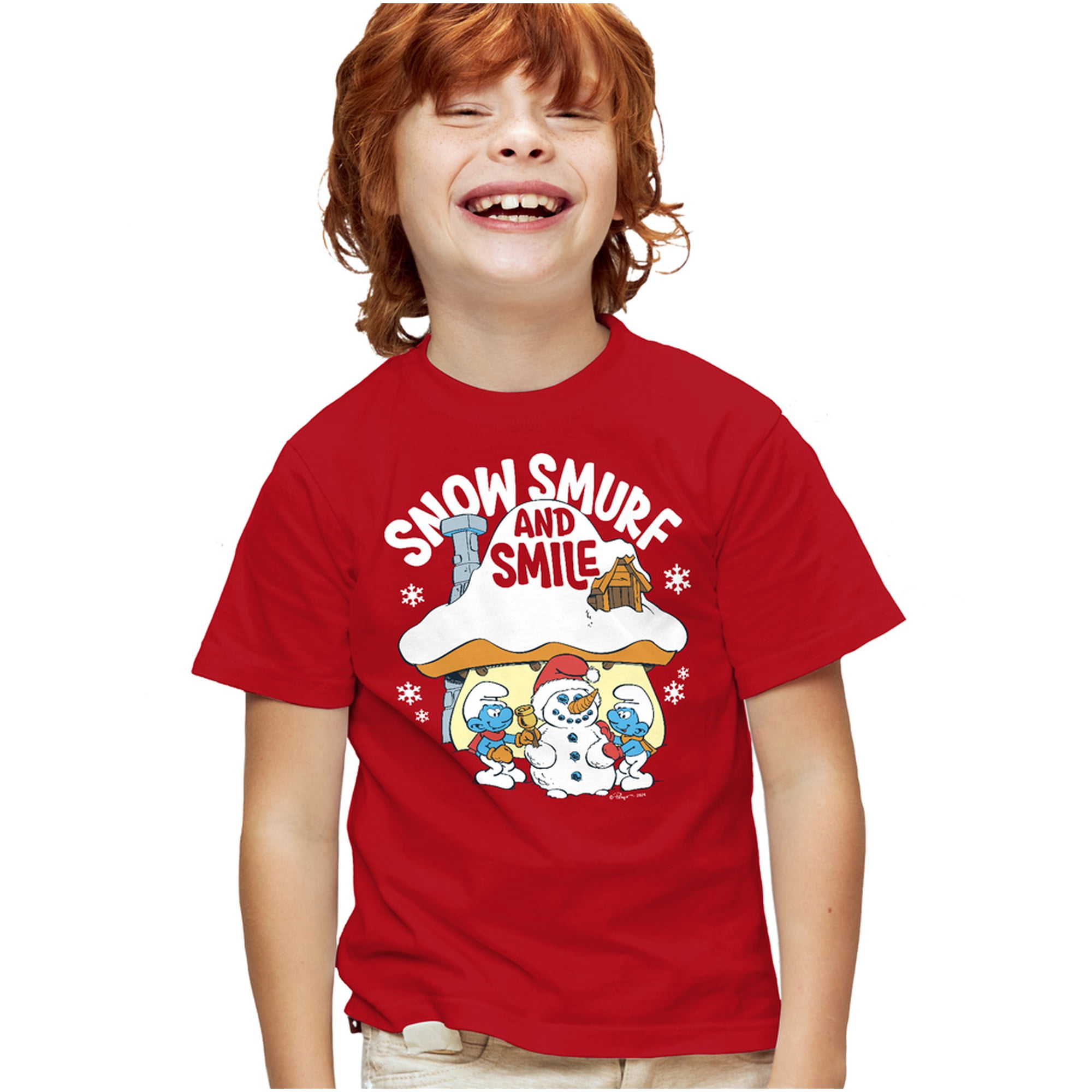 Smurfs Christmas Snow, Smurf And Smile Kids T Shirt for Youth Boys and Girls, Red, Large