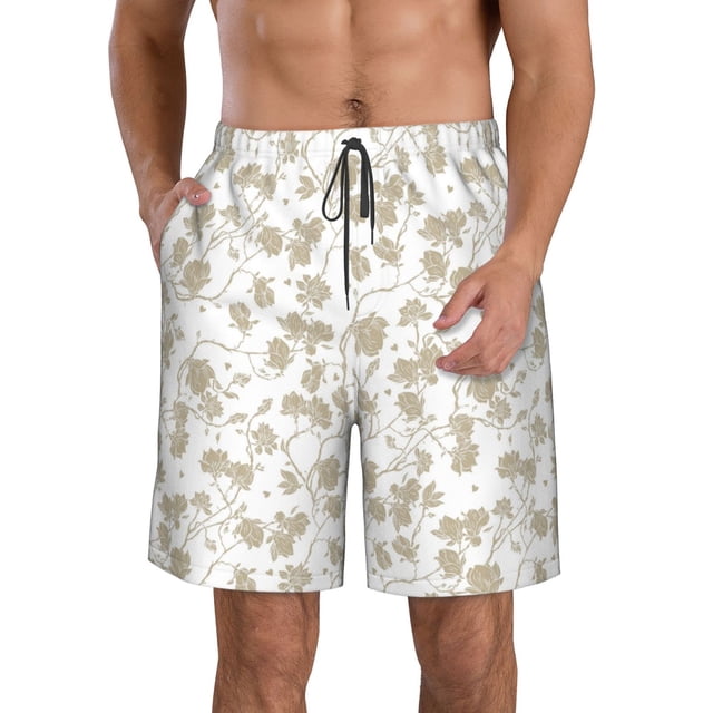 Fotbe Vintage Stylized White Color Trajes de Baño Estampados para Hombre, Shorts de Verano de Secado Rápido, Ropa de Playa, Bañadores-Large