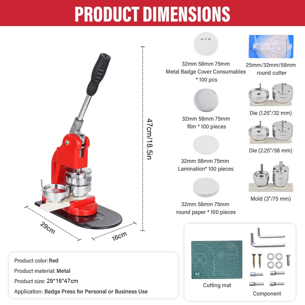 Button Press Machine Multiple Sizes, DIY Badge Maker Kit with 300 Supplies, Button Making Supplies for Pin Creation