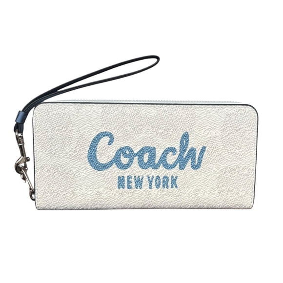 Cartera Coach blanca con logo centrado en color azul