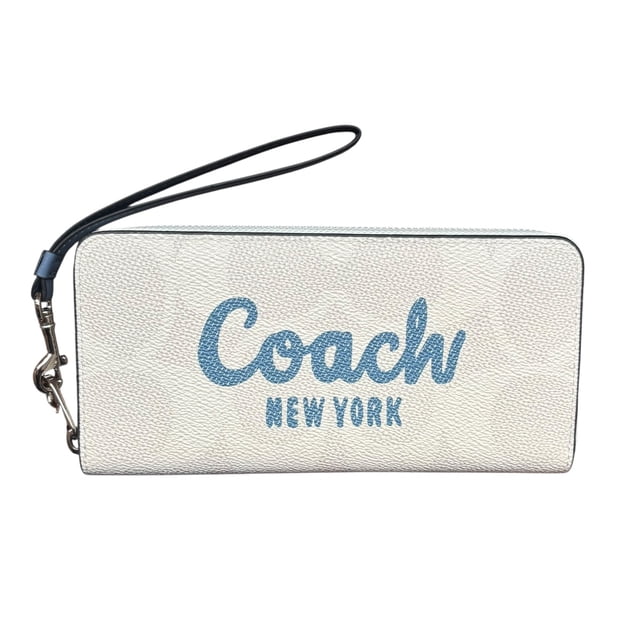Cartera Coach blanca con logo centrado en color azul