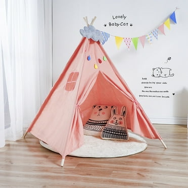 Qaba Kids Indoor Outdoor Soft Polyester Tipi Tent with Mat Pillows 
