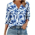 thumbnail image 2 of T-shirts for Women Plus Size 3/4 Sleeve V-Neck Elastic Cuffs Printed Casual T-Shirt Blue M, 2 of 6