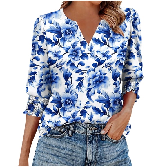 Jsaierl Womens 3/4 Length Sleeve Tops Summer V Neck Shirts Boho Print Ladies Blouses Going Out Cotton T-shirts Top S-2XL