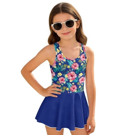 COEQINE Girls One Piece Swimsuit with Skirt & Attached Liner Comfortable Tank Top V-Back Swimwear with Skirt Bottom Cute Bathing Suit for Kids Age 12-13 Tropical Hibiscus Palm Blue