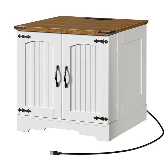 HOOBRO Farmhouse End Table with Charging Station, 23.6" Large End Tables Living Room with Door Storage Racks, Rustic Wooden Nightstand Bedside Table, Square Side Table, White and Walnut WH606UBZ01