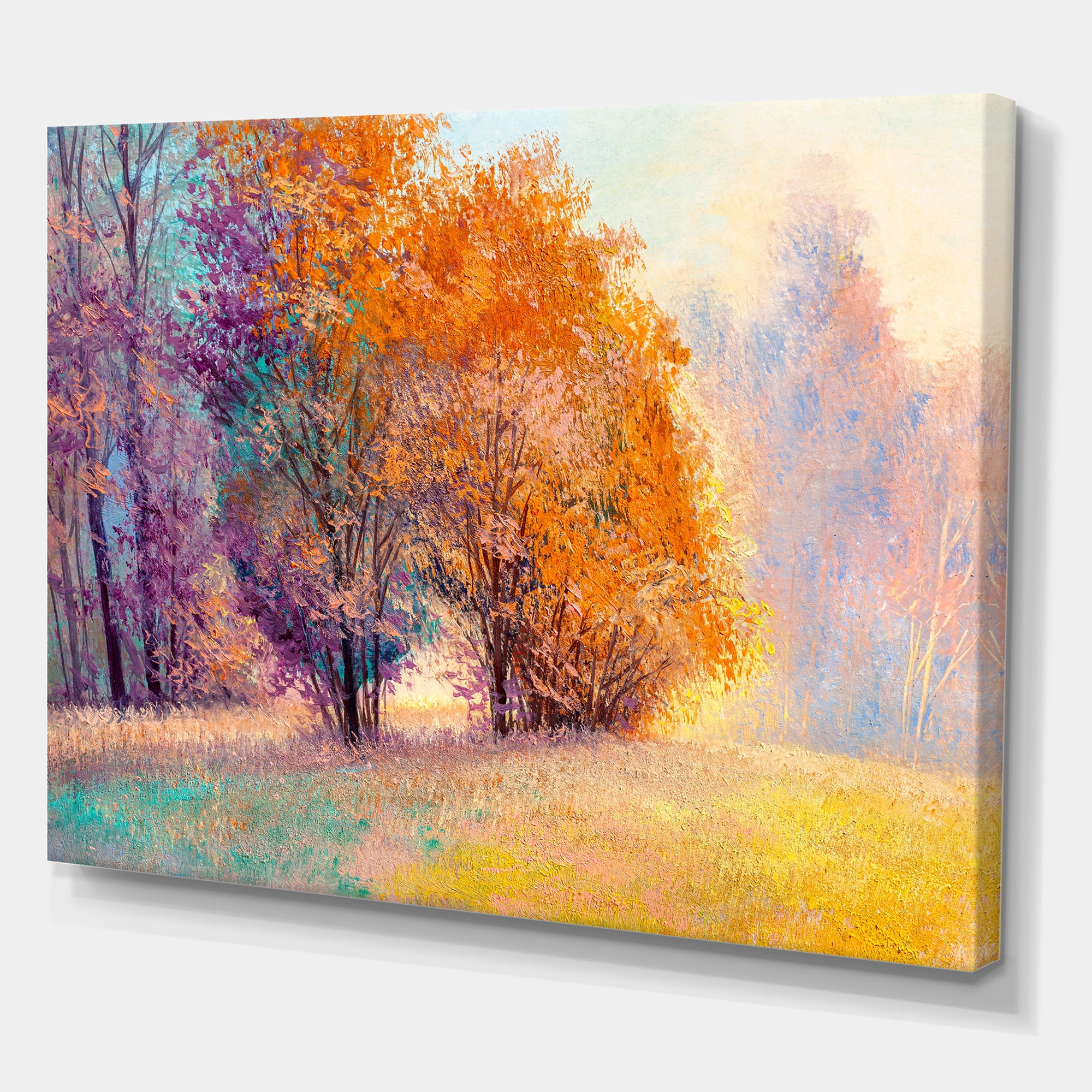 Designart ' Autumn Forest Orange Leaves Landscape ' Lake House Canvas Wall Art Print