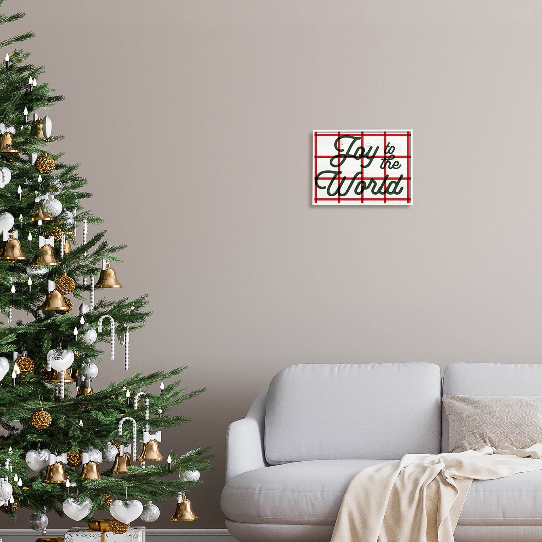 Joy To The World Tartan Phrase Holiday Graphic Art White Framed Art Print Wall Art