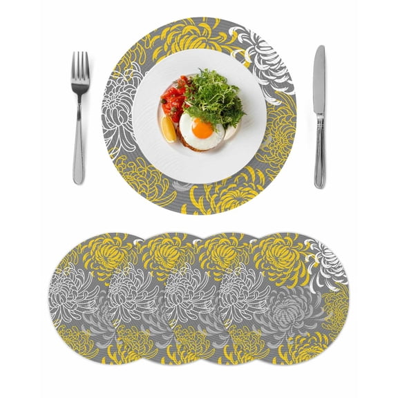 Yellow Gray Floral Round 13 Inch Placemats Set of 4, Farmhouse Retro Abstract Flowers Art HeatResistant Non Slip Place Mats for Dining Table, Wipeable Braided Kitchen Table Mats for Housewarming