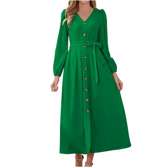 IROINNID Long Sleeve Dress for Women Fall Dress Full-Length Shirt Dress Sexy Vintage V Neck Long Sleeve Solid Dresses,Green