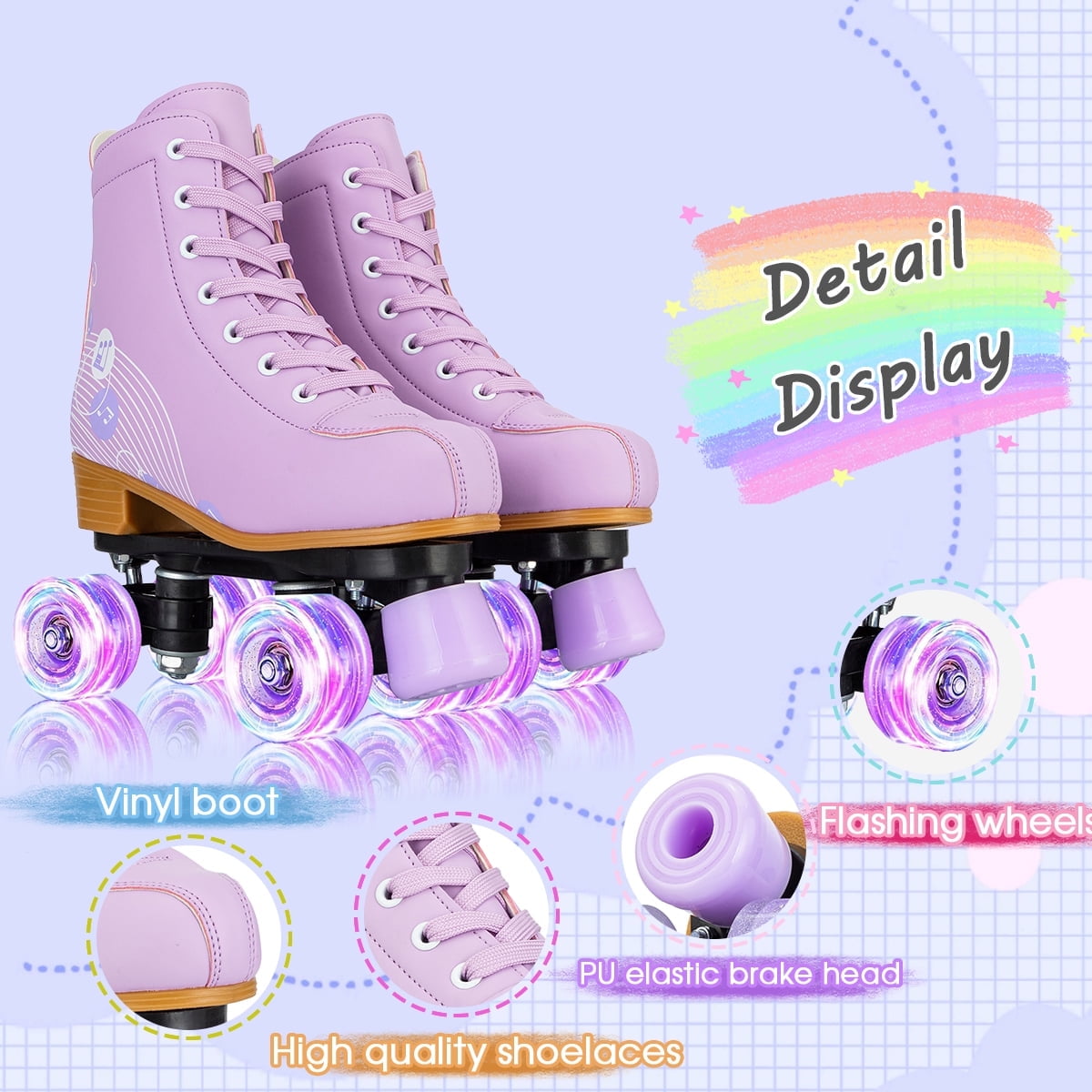 EONROACOO Teen Kids Roller Skates, Flashing Wheels Double-Row Quad Skates for Girls Boys(Purple, Youth 3)