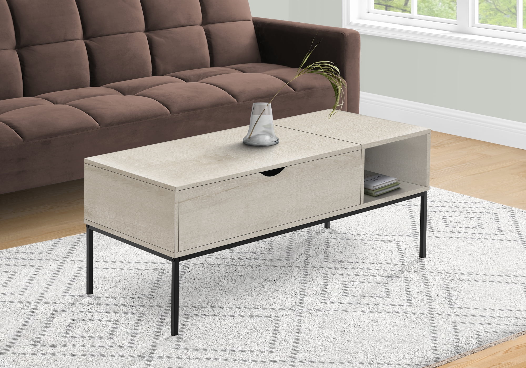 Monarch Specialties - Coffee Table, 42" L, Rectangular, Cocktail, Lift-Top, Washed Oak, Black Metal, Contemporary, Modern
