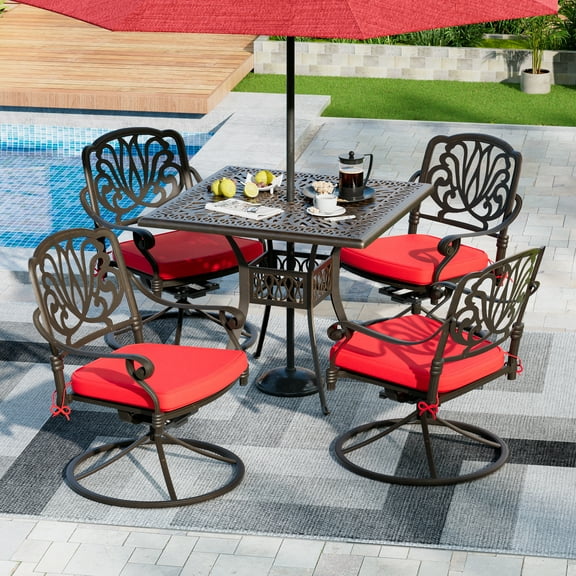 Haverchair 5 Piece Cast Aluminum Outdoor Patio Dining Set, Bronze/Red