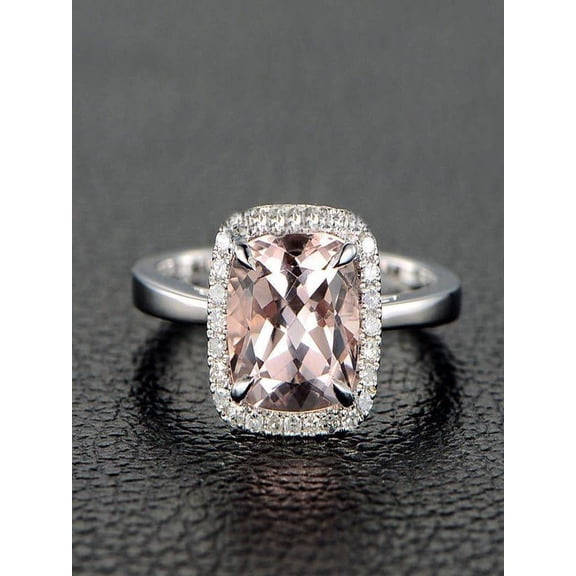 Sale: 1.25 Carat Cushion Cut Peach Pink Morganite and Diamond Halo Engagement Ring in 10k White Gold for Women on Sale