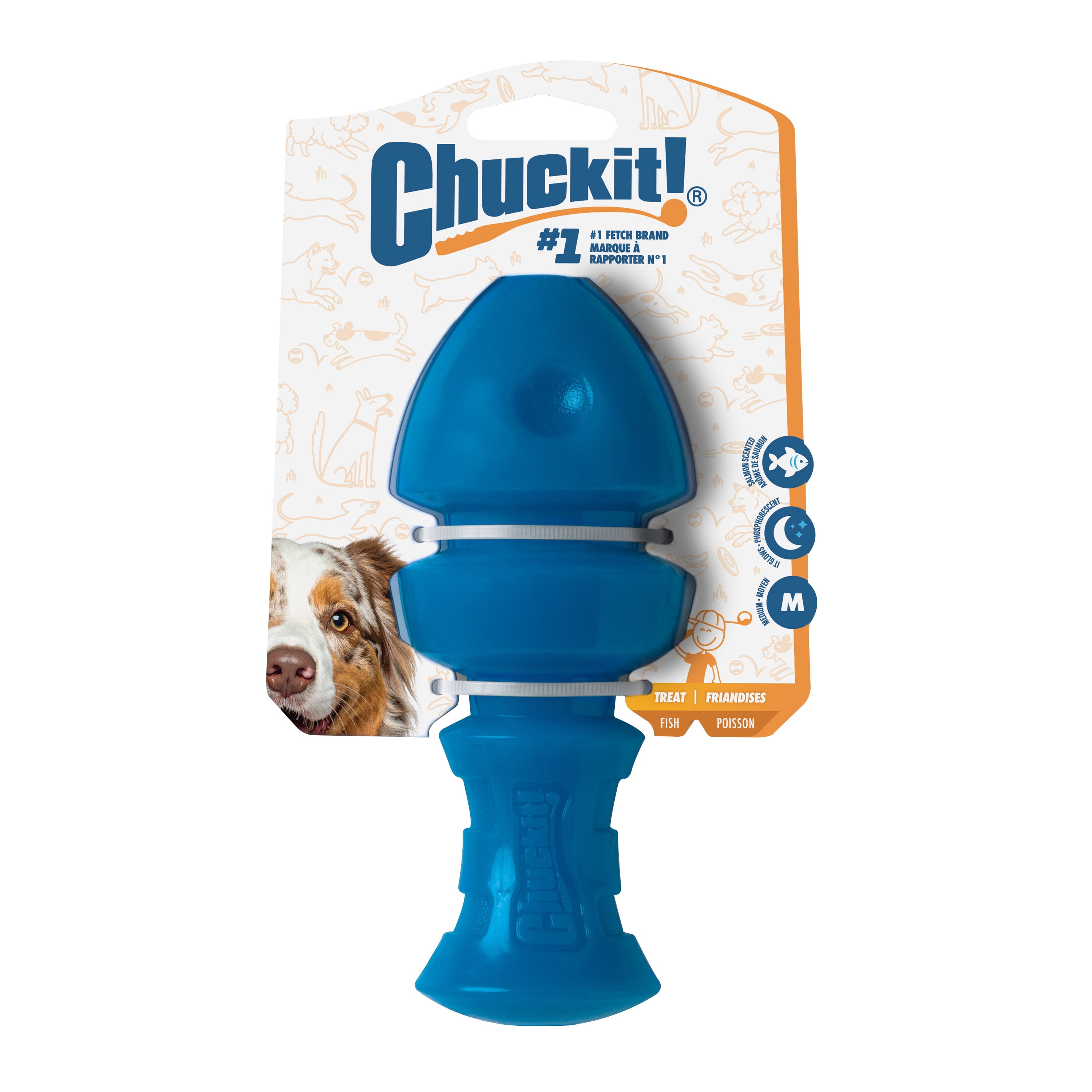 Chuckit! Bones Glow Treat Fish Puzzle Dog Toy, Large, Blue Glow – Salmon‑Scented Treat & Chew Toy for Dogs 60–100 lb, Pack of 1