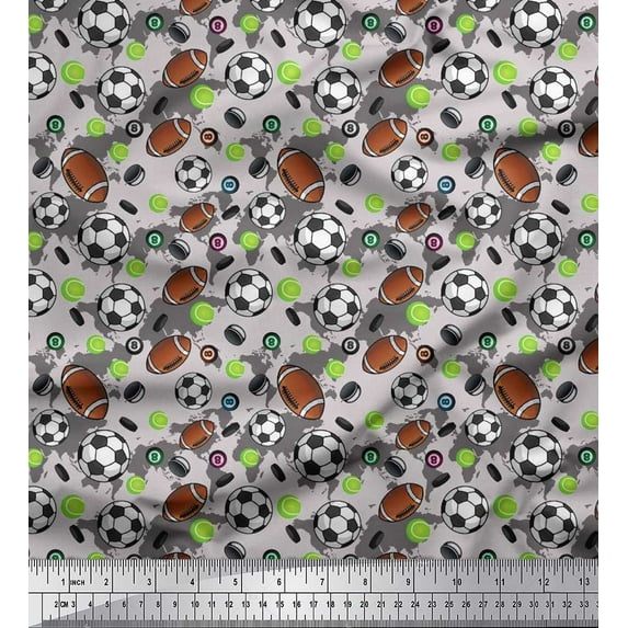 Soimoi Georgette Viscose Fabric Cricket Ball,Rugby & Football Sports Print Fabric by Yard 42 Inch Wide